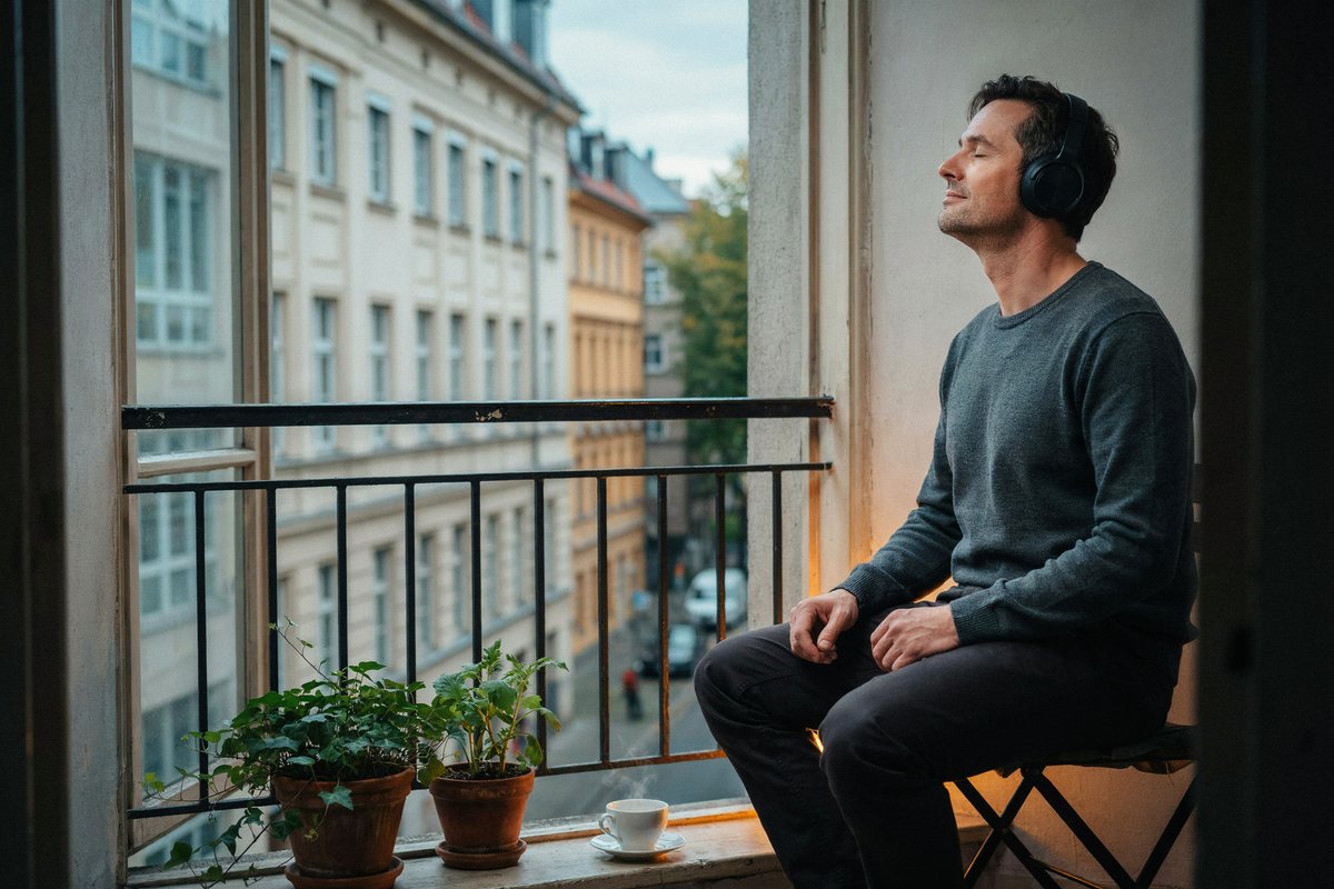 Mann mit Kopfhörern hört auf einem Berliner Altbaubalkon mit geschlossenen Augen ein Hörbuch