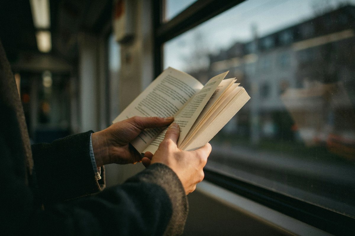 Hände halten ein aufgeschlagenes Sachbuch in der Berliner S-Bahn im Abendlicht