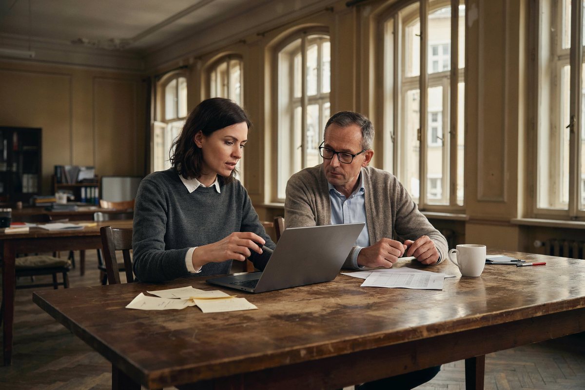 Eine Frau erklärt einem älteren Kollegen am Laptop, wie KI im Arbeitsalltag hilft, Altbaubüro in Berlin im Nachmittagslicht