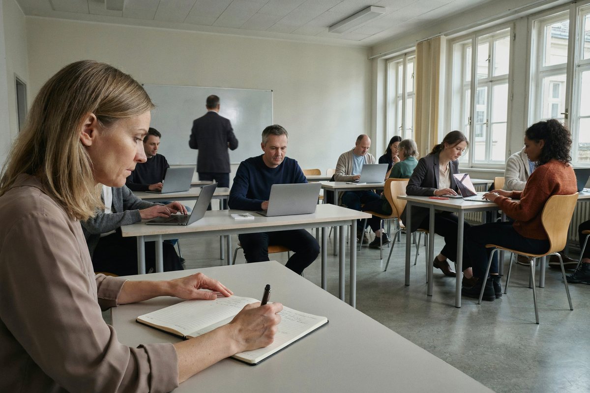 Erwachsene zwischen 40 und 55 arbeiten in einem Seminarraum konzentriert an Laptops, eine Frau schreibt mit