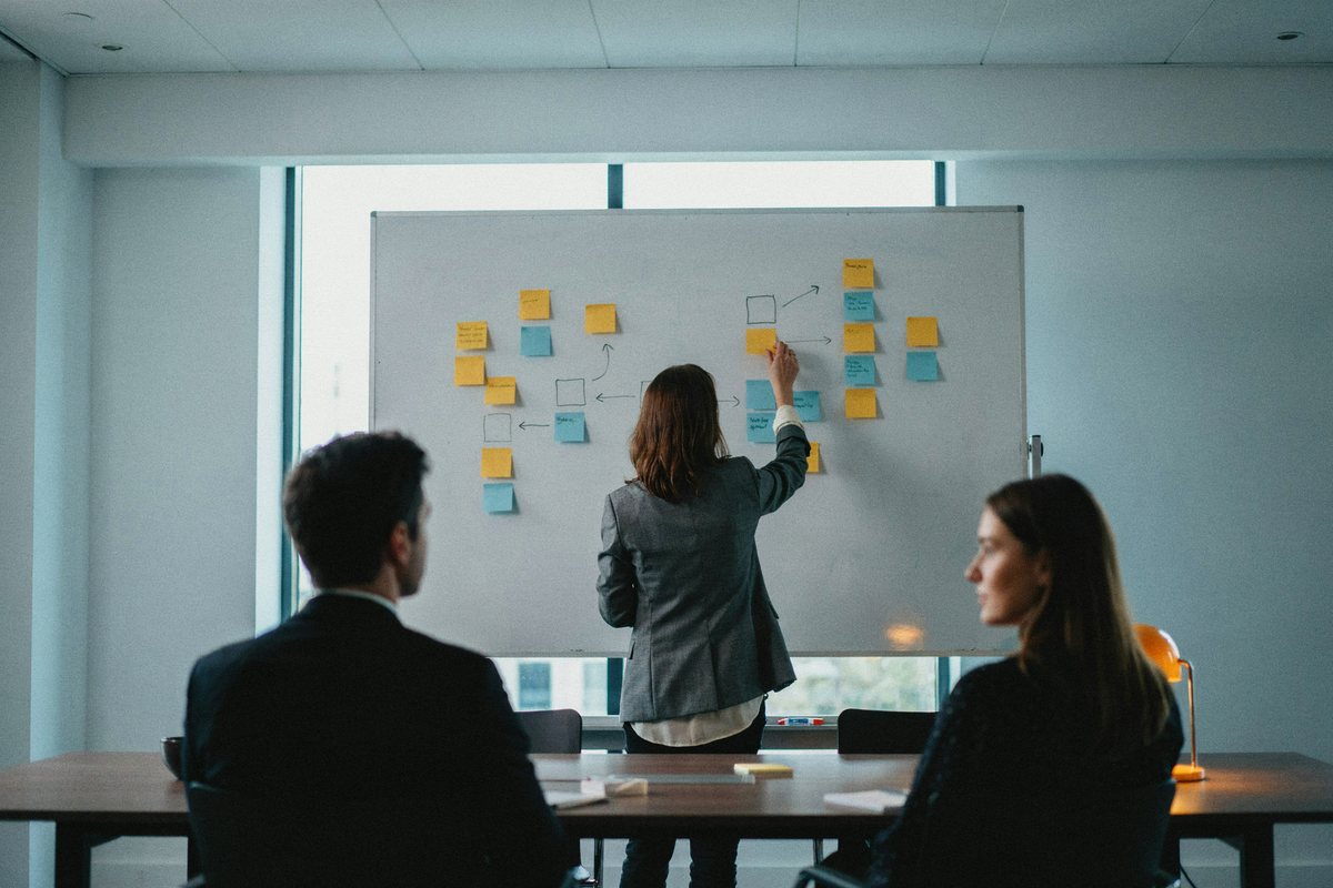 Workshop am Whiteboard mit Haftnotizen in einem mittelständischen Unternehmen, Gegenlicht